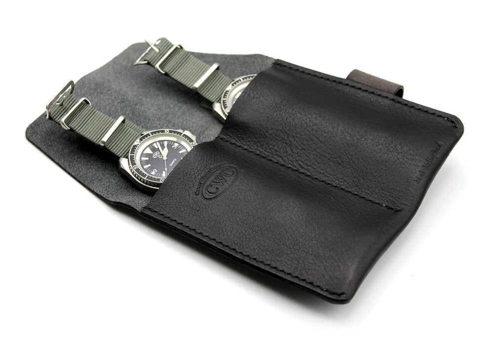 CWC 2-Pocket Leather Watch Roll - Black, Two Watches Inside