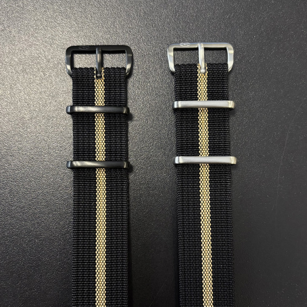 CWC Single Pass Ribbed Strap - Black and Sand Stripe with Black Buckle and Black and Sand Stripe with Silver Buckle
