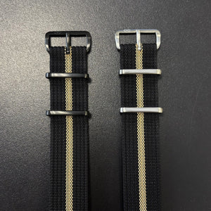 CWC Single Pass Ribbed Strap - Black and Sand Stripe with Black Buckle and Black and Sand Stripe with Silver Buckle