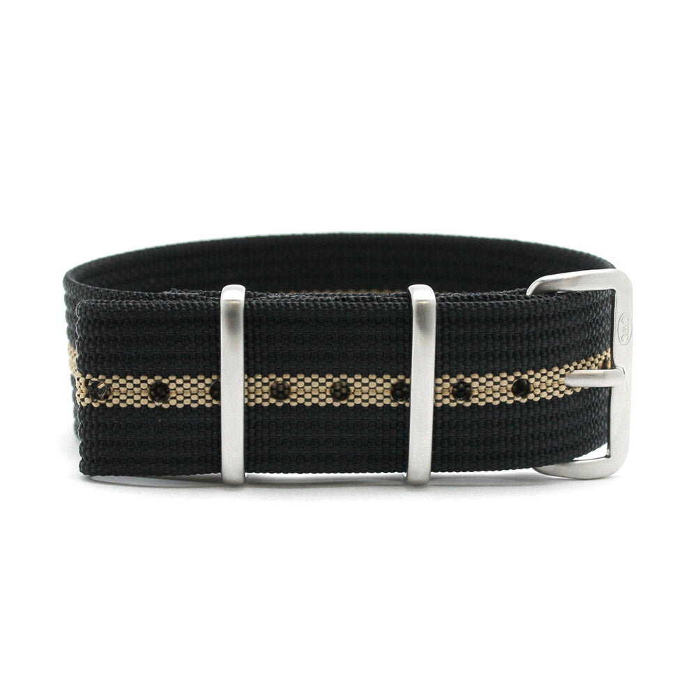 CWC Single Pass Ribbed Strap - Black and Sand Stripe with Silver Buckle
