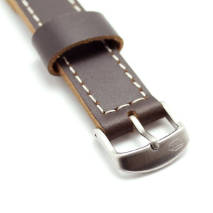 CWC PREMIUM LEATHER STRAP - 20MM - DARK BROWN WITH WHITE STITCHING AND SILVER BUCKLE