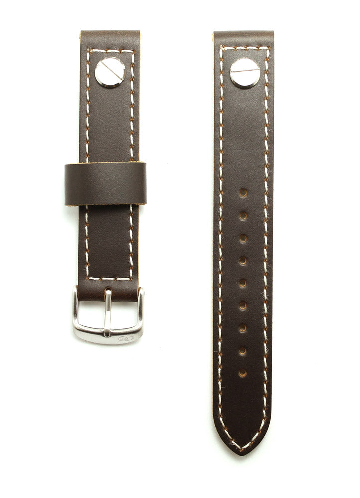 CWC PREMIUM LEATHER STRAP - 20MM - DARK BROWN WITH WHITE STITCHING AND SILVER BUCKLE
