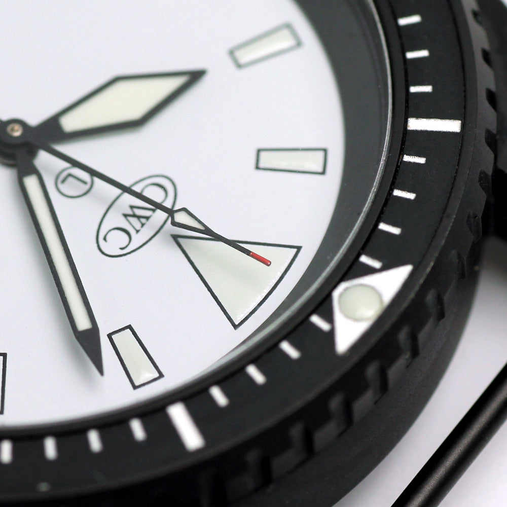 CWC Arctic Radar Diver Watch (White Dial) - PVD black case, second hand red tip detail