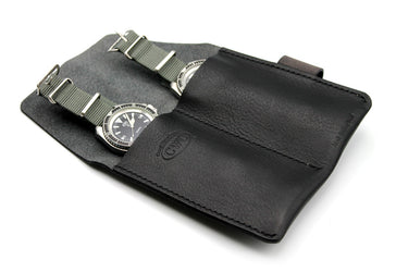 CWC 2-Pocket Leather Watch Roll - Black, Two Watches Inside