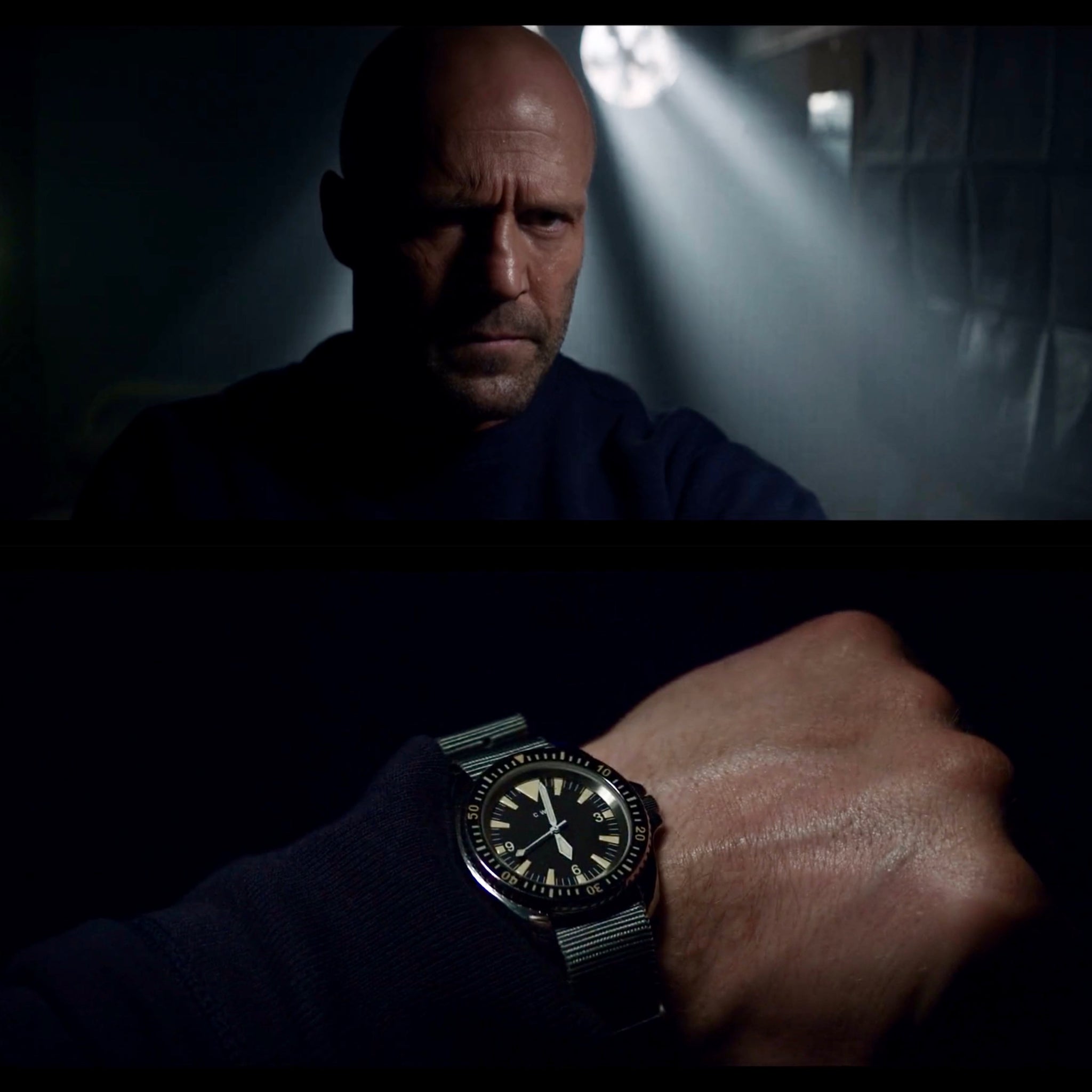 Jason Statham in The Meg 2 looking at the 1980 Reissue Diver watch on his wrist