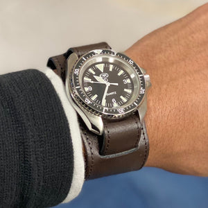 Military Leather Watch Strap with Pad - Brown, 20mm (on watch)